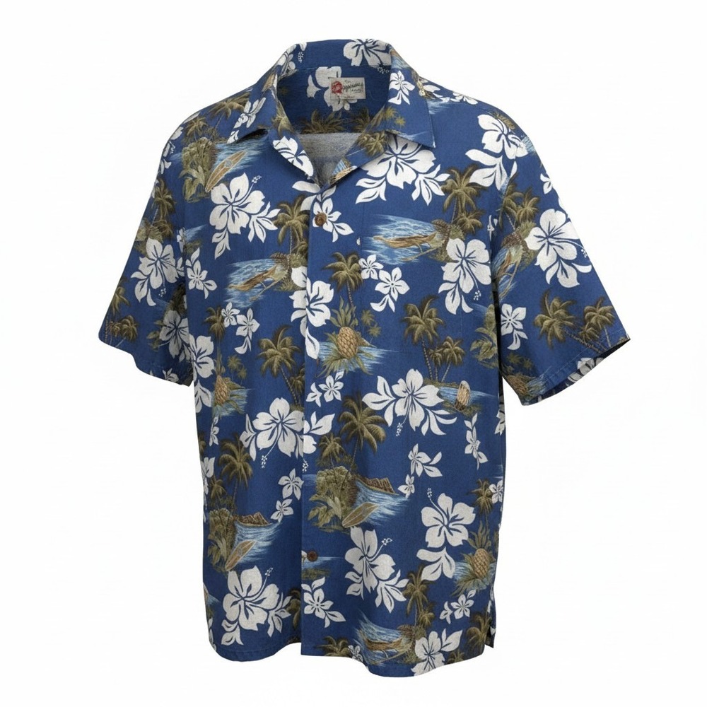 Hilo Hattie Men Hawaiian Shirt 5XL Blue Floral Tropical Palm Tree Aloha Cotton